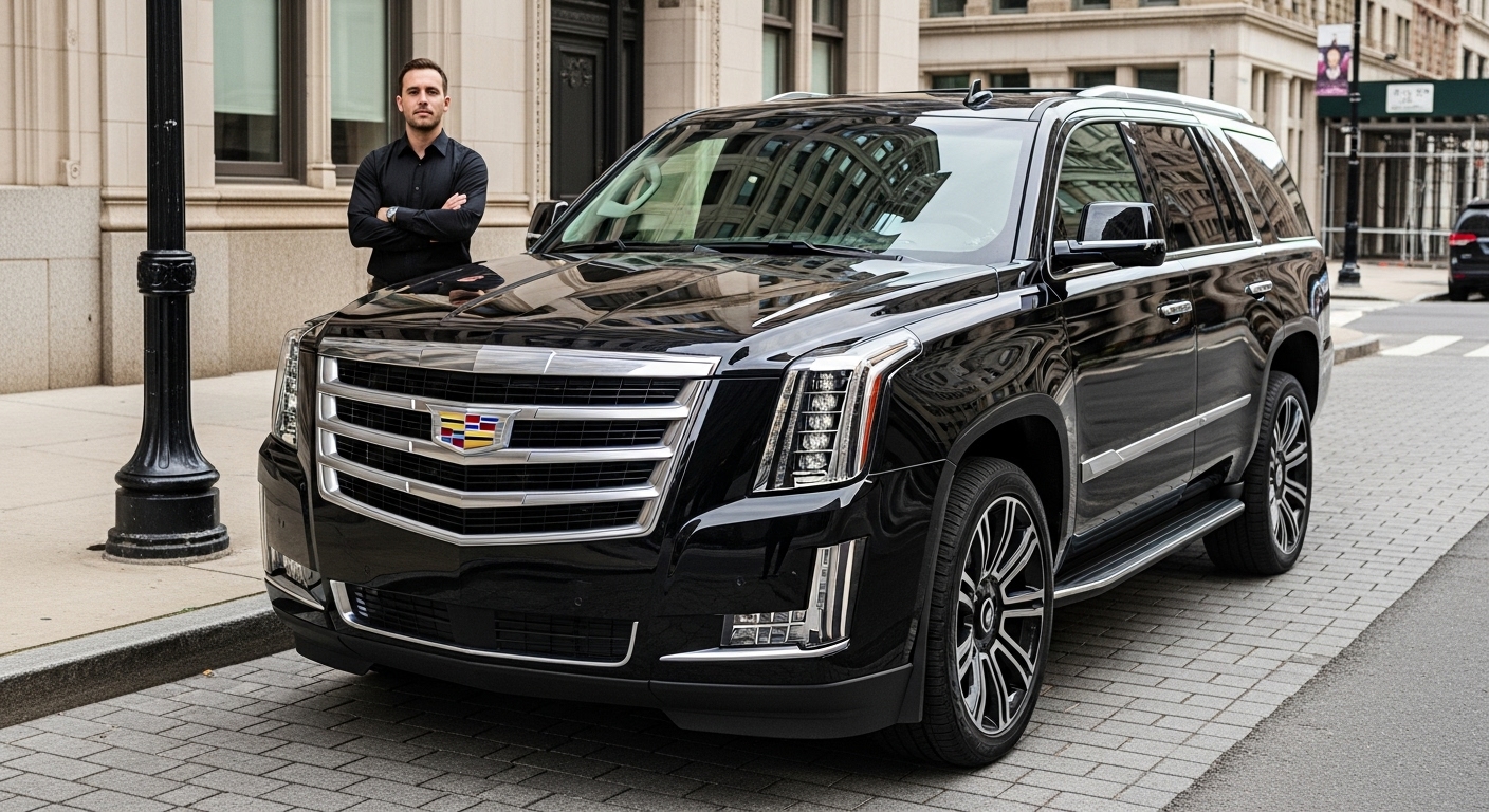 Servicio de transporte de lujo de Taos Cab con una Cadillac Escalade negra y un chófer profesional en la ciudad
