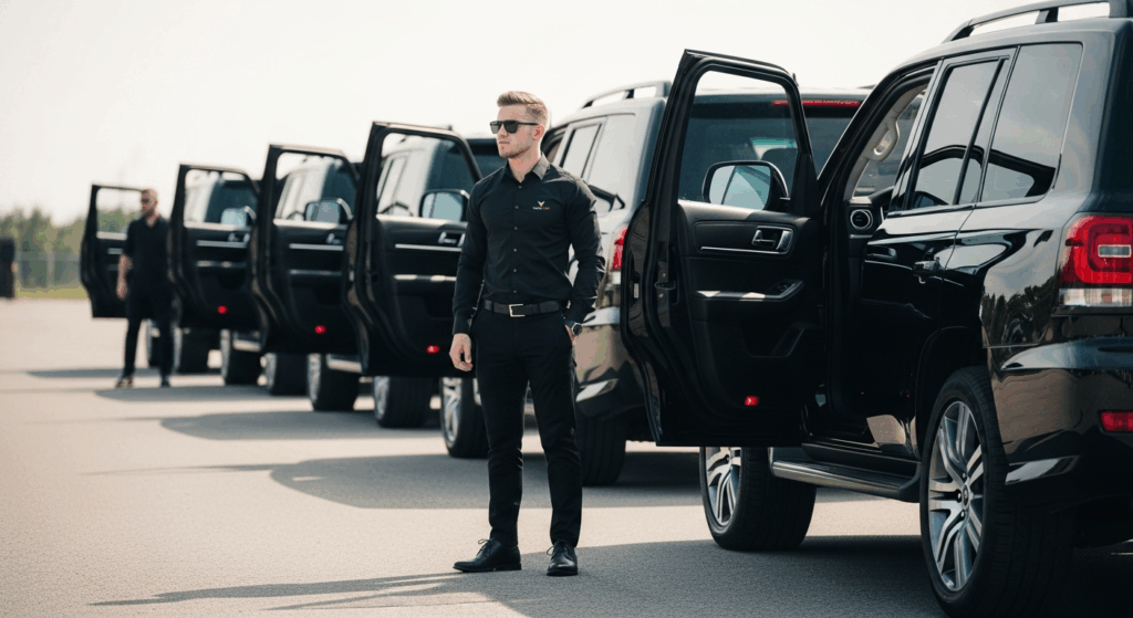 Flota de camionetas SUV de lujo de Taos Cab con chóferes profesionales listos para el servicio